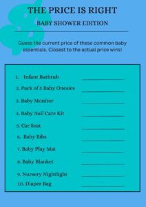 Printable Baby Shower Games -price is right 2