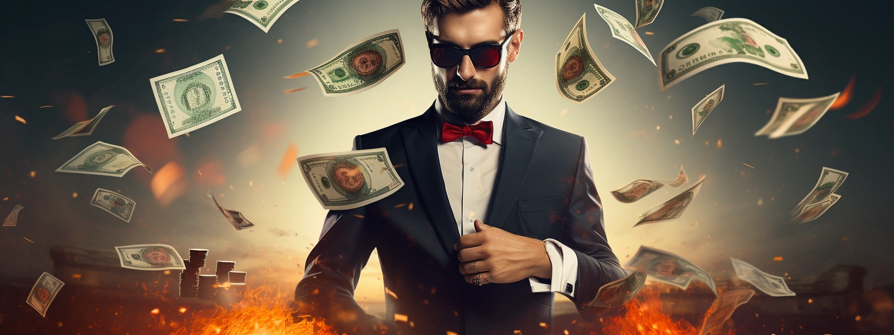 Image of a man with sunglasses standing in the middle of flying money at a real money casino