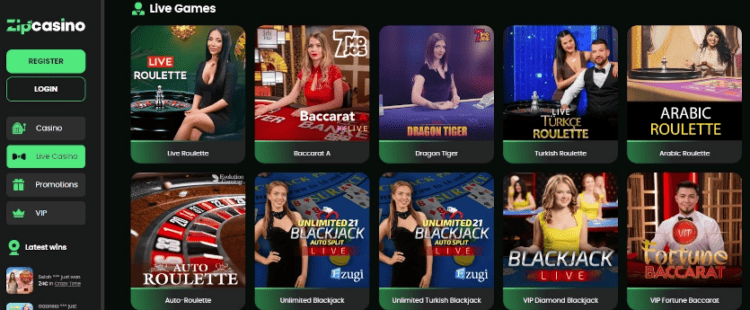 Screenshot of Zip Casinos startpage