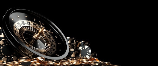 Roulette Wheel, Casino Chips And Coins, Modern Black And Golden Isolated On The Black Background. Casino Gambling Concept. Empty Space For Logo Or Text  - 3D Illustration
